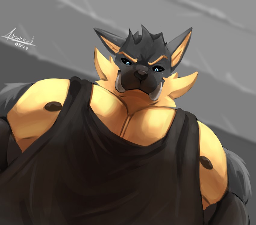 anthro biceps hair looking_down low-angle_view male muscular muscular_anthro muscular_male nipples pecs solo adrovmike pec_pov_meme hogan hogan_(adrovmike) canid canine canis mammal wolf 2024 digital_media_(artwork) hi_res meme