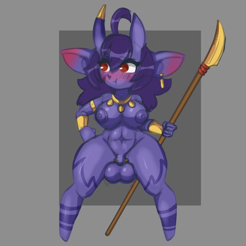 armor balls blush genitals gold_(metal) gold_jewelry gold_necklace grey_background gynomorph hair holding_melee_weapon holding_object holding_polearm holding_spear holding_weapon horn humanoid_pointy_ears intersex jewelry melee_weapon necklace nipples nude penis pointy_ears polearm purple_body purple_hair purple_nipples red_eyes simple_background small_penis solo spear standing vambrace weapon blueberrygrizzly humanoid imp tome_imp 1:1 2024 absurd_res hi_res