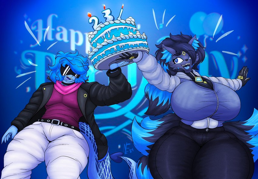 anthro big_breasts birthday_cake blue_body blue_eyes blue_fur blue_inner_ear_fluff blue_tail blue_tail_tip blue_tongue breasts cake clothed clothing dessert dipstick_tail duo eyewear female fingers food fur happy_birthday inner_ear_fluff male markings multi_tail number_candle open_mouth sunglasses tail tail_markings teeth thick_thighs tongue tuft nightlyflare nightly_(nightlyflare) canid canine fox humanoid mammal 2024 hi_res