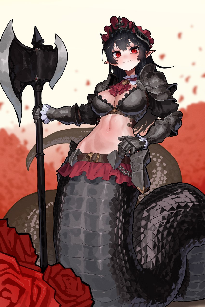 apode armor axe belly black_body black_hair black_scales bottomwear bra breasts cleavage clothed clothing crown female flower gauntlets gloves hair handwear headgear humanoid_pointy_ears legless light_body light_skin midriff miniskirt monster_girl_(genre) navel pauldron plant pointy_ears red_eyes scales serpentine skirt solo split_form unconvincing_armor underwear weapon wide_hips vurdv8a8gbgrctd draconcopode humanoid lamia reptile scalie snake 2:3 absurd_res hi_res