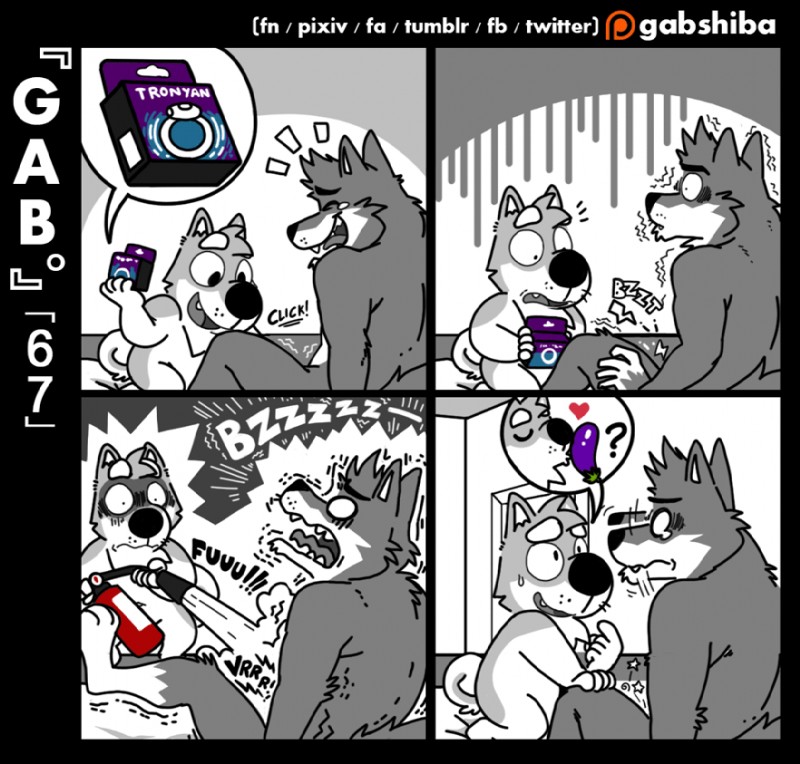 5_fingers anthro base_two_layout bodily_fluids cheek_tuft circle_eyes crying cute_fangs dialogue duo eggplant electricity empty_eyes eyebrows eyes_closed facial_tuft fangs fingers fire_extinguisher food four_frame_grid four_frame_image fruit gesture grid_layout hand_gesture hand_on_shoulder head_tuft heart_symbol inside kissing kneeling larger_male laugh male male/male motion_lines nude open_mouth open_smile pain plant pointing pointing_at_self regular_grid_layout scared sex_toy shaking shivering side_view sitting size_difference smaller_male smile tears tears_of_joy teeth tuft two_row_layout vibrator gabshiba gab_(comic) gab_shiba wuff_(gabshiba) canid canine canis domestic_dog mammal shiba_inu spitz wolf comic partially_colored pictographics