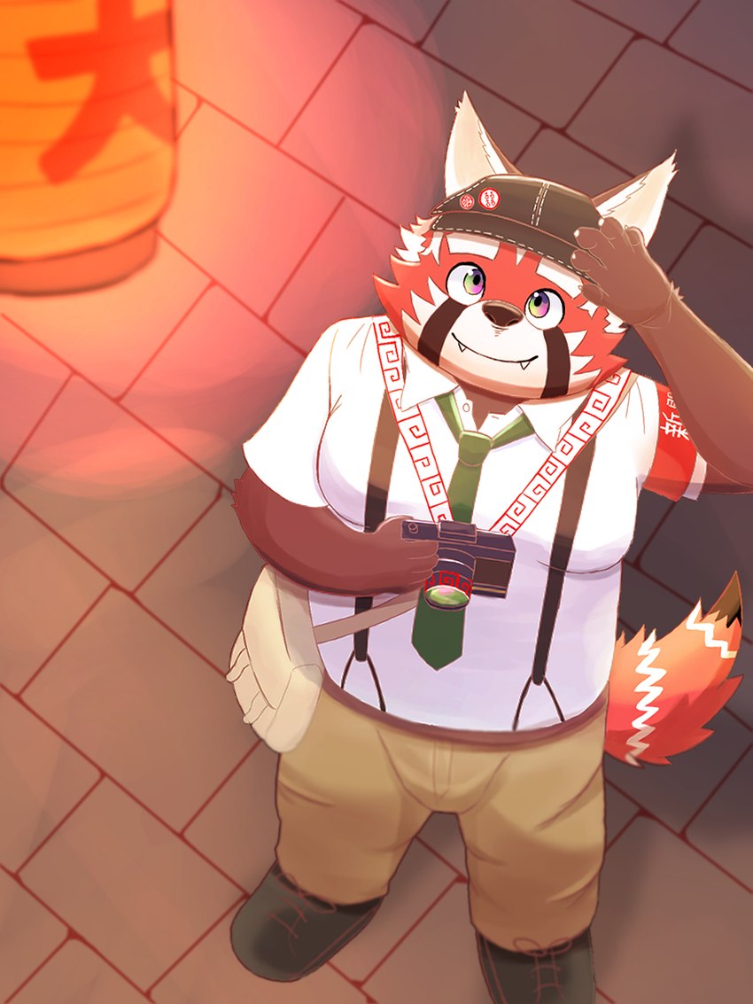 anthro bottomwear camera clothing cute_fangs detailed_background fangs fur hat headgear headwear humanoid_hands kemono male necktie pants red_body red_fur shirt slightly_chubby solo teeth topwear inugami1837 lifewonders tokyo_afterschool_summoners zhurong_(tas) ailurid mammal red_panda 2021 3:4 hi_res