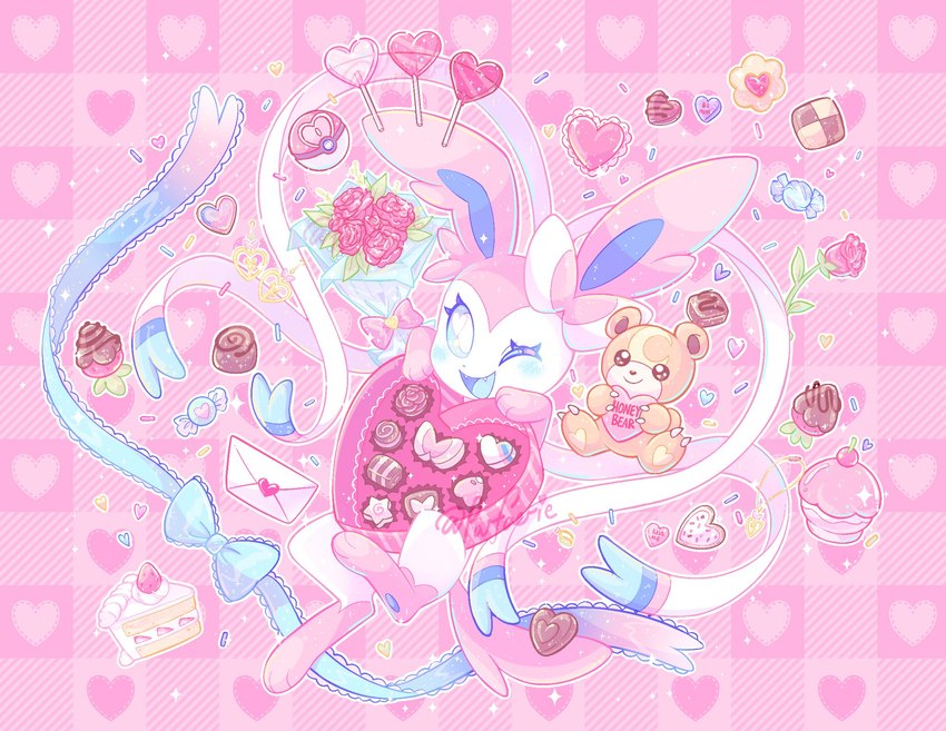 abstract_background ambiguous_gender blue_blush blue_eyes blue_pawpads blush bouquet bow_(anatomy) bow_(decoration) bow_(feature) bow_ribbon box_of_chocolates brown_body brown_fur cake candy candy_hearts chocolate confetti container decorated_bow dessert detailed_food ear_bow_(anatomy) envelope feral flower flower_bouquet food fruit fur hair_bow_(anatomy) heart_background heart_bow heart_box heart_container heart_envelope heart_lollipop heart_pattern heart_symbol holding_heart holding_object holidays layered_heart lollipop love_ball one_eye_closed open_mouth pattern_background pawpads pink_body pink_fur plant pokeball ribbons ribbons_(anatomy) rose_(flower) simple_background smile solo sparkles strawberry text text_in_heart tongue white_body white_fur wink parfaerie nintendo pokemon valentine's_day bear eeveelution generation_2_pokemon generation_6_pokemon inanimate_object mammal pokemon_(species) sylveon teddiursa detailed digital_media_(artwork) english_text hi_res pink_theme signature watermark