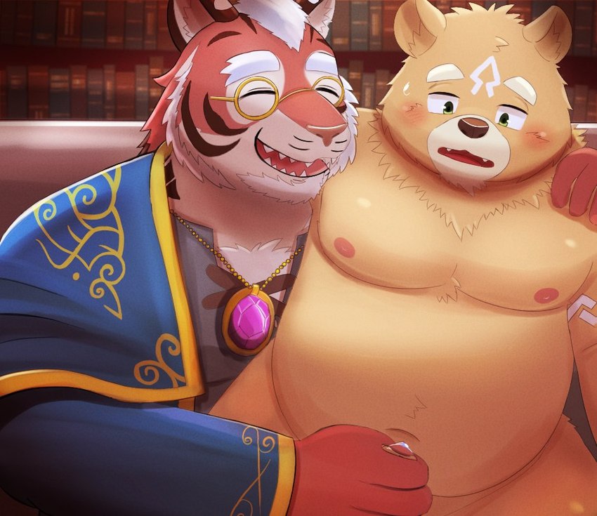 anthro belly blush brown_body brown_fur duo eyes_closed eyewear foreskin fur genitals glasses handjob humanoid_hands kemono male moobs nipples overweight overweight_male penile penis sex inugamihito crave_saga gabu_(crave_saga) remaias_(crave_saga) bear felid mammal pantherine tiger 2023