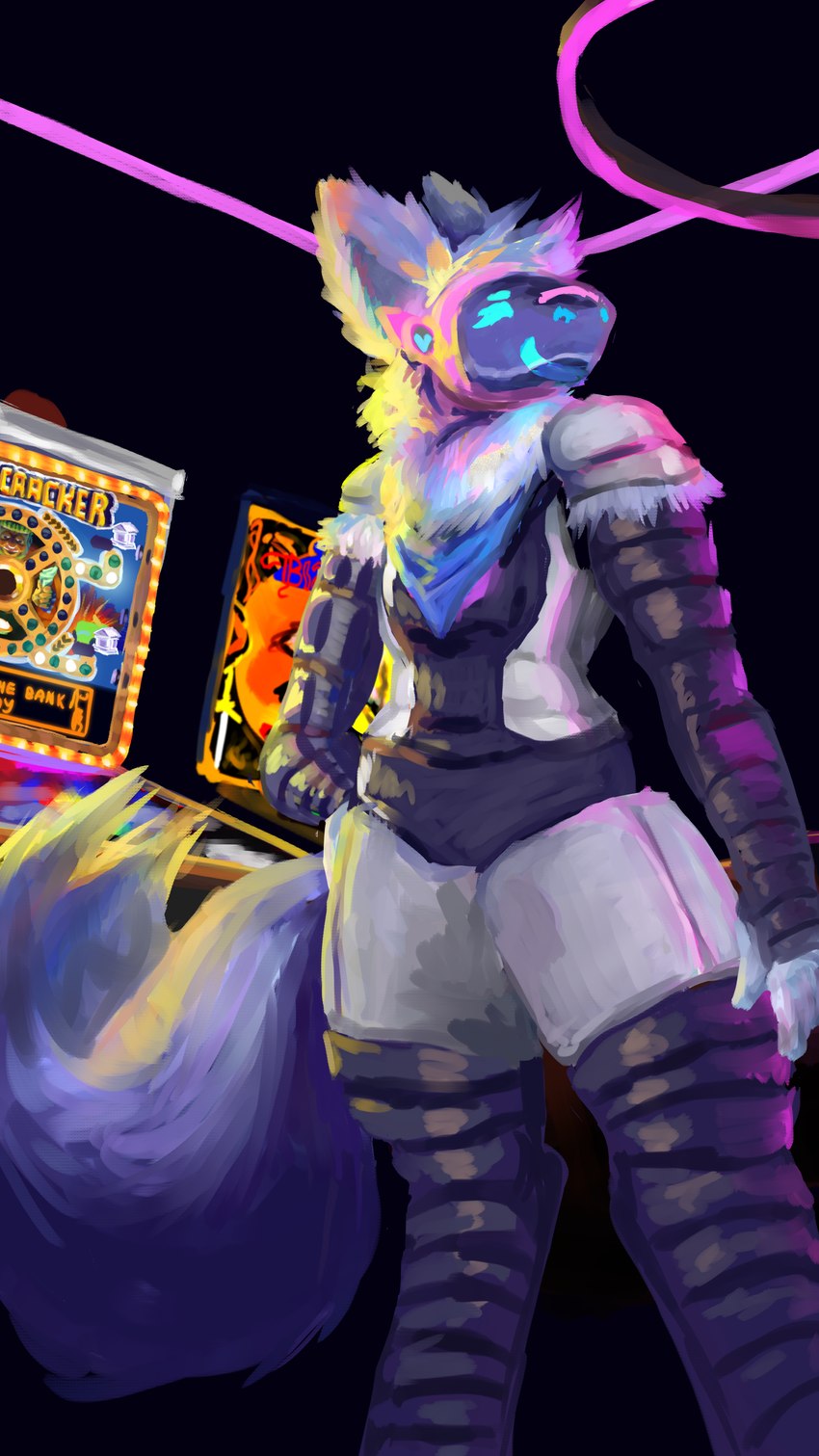 anthro black_arms black_legs blue_eyes blue_mouth blue_nose blue_scarf chest_tuft fingers fluffy fluffy_ears fluffy_tail fur grey_body grey_ears grey_fur head_tuft heart_symbol looking_aside machine male multicolored_body neck_tuft pinball_machine scarf screen screen_face smile solo tail tuft coffeeblend108 protogen 4k 9:16 absurd_res digital_drawing_(artwork) digital_media_(artwork) hi_res lineless shaded