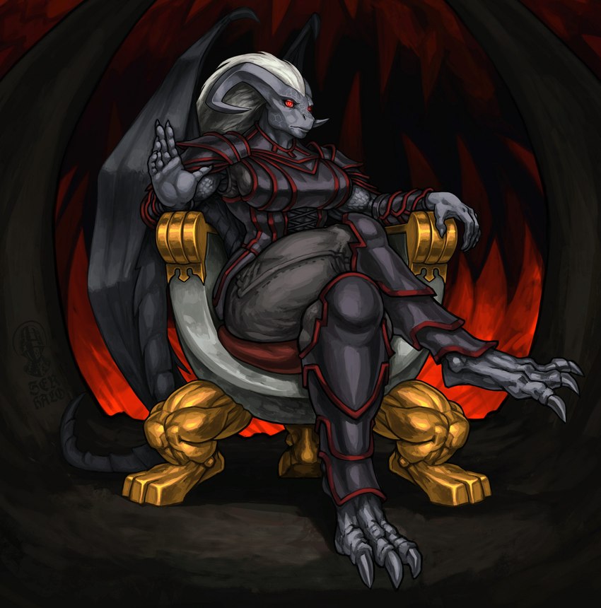 anthro armor chair crossed_legs female furniture hand_wave hell solo throne wings_folded ser_halo mythology beelzebub_(jasonvuk666) demon dragon mythological_creature mythological_scalie scalie hi_res