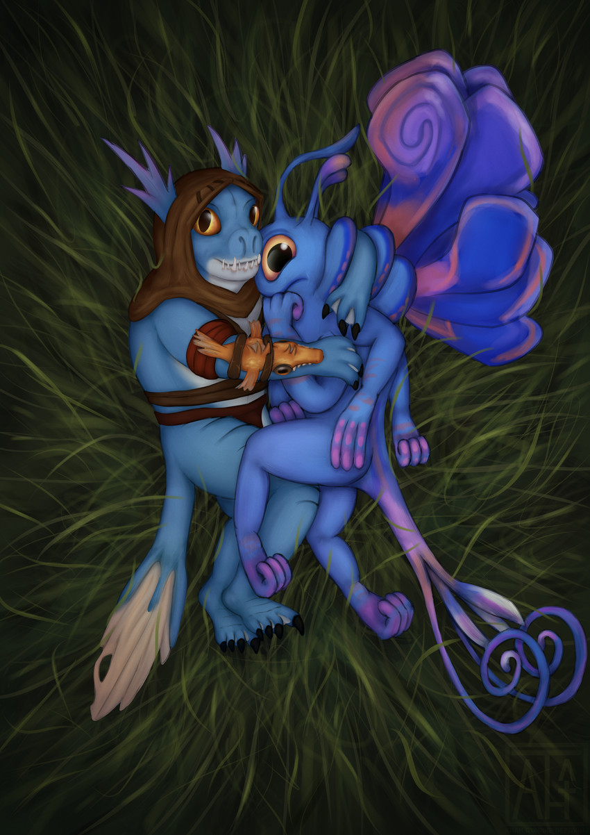 antennae_(anatomy) anthro blue_body bottomwear clothed clothing duo female hood insect_wings loincloth looking_at_viewer lying male male/female multi_arm multi_limb nude on_grass on_side smile wings 4yd0_yctahobka dota mythology valve puck_the_faerie_dragon slark_the_nightcrawler dragon fairy_dragon fish marine mythological_creature mythological_scalie scalie 2020 absurd_res hi_res