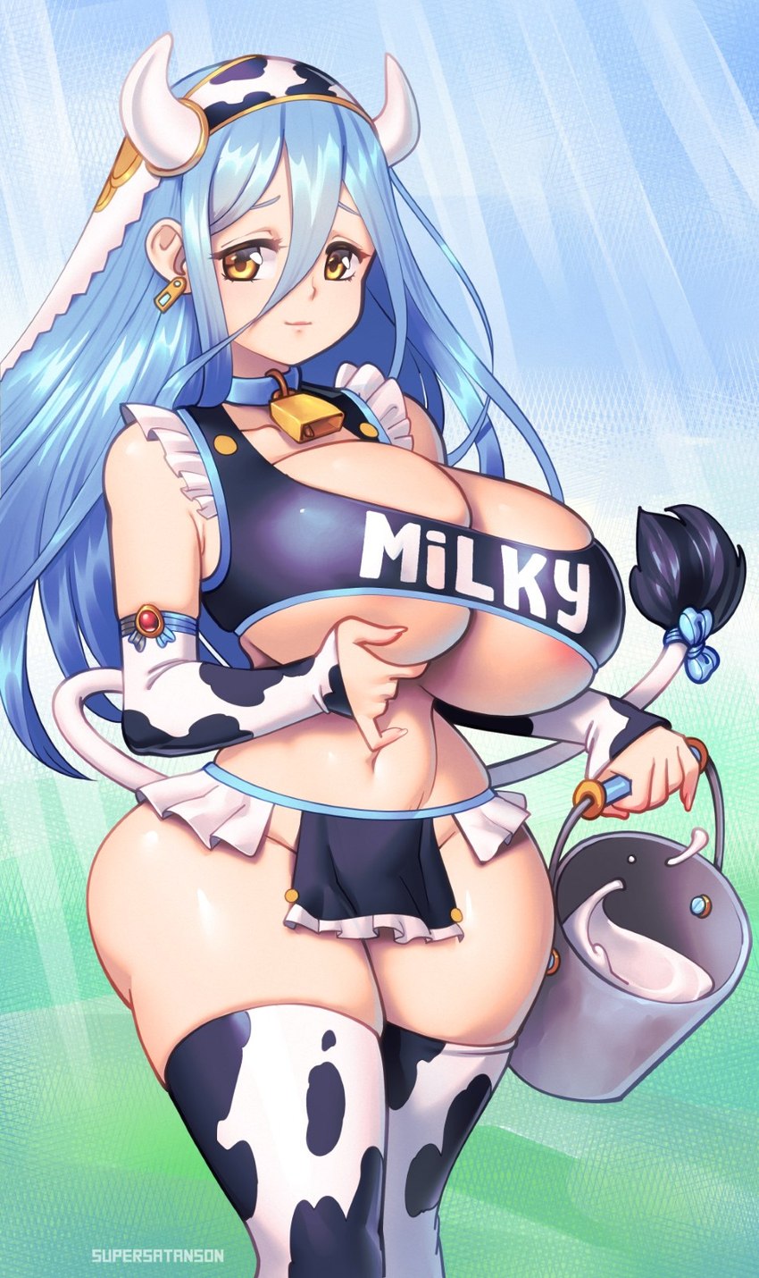 bell bell_collar big_breasts blue_hair bottomwear breasts bucket cleavage clothed clothing collar container female hair holding_breast holding_bucket holding_container holding_object huge_breasts legwear loincloth milk no_underwear solo thick_thighs thigh_highs supersatanson fire_emblem nintendo azura_(fire_emblem) animal_humanoid bovid bovid_humanoid bovine bovine_humanoid cattle_humanoid humanoid mammal mammal_humanoid hi_res