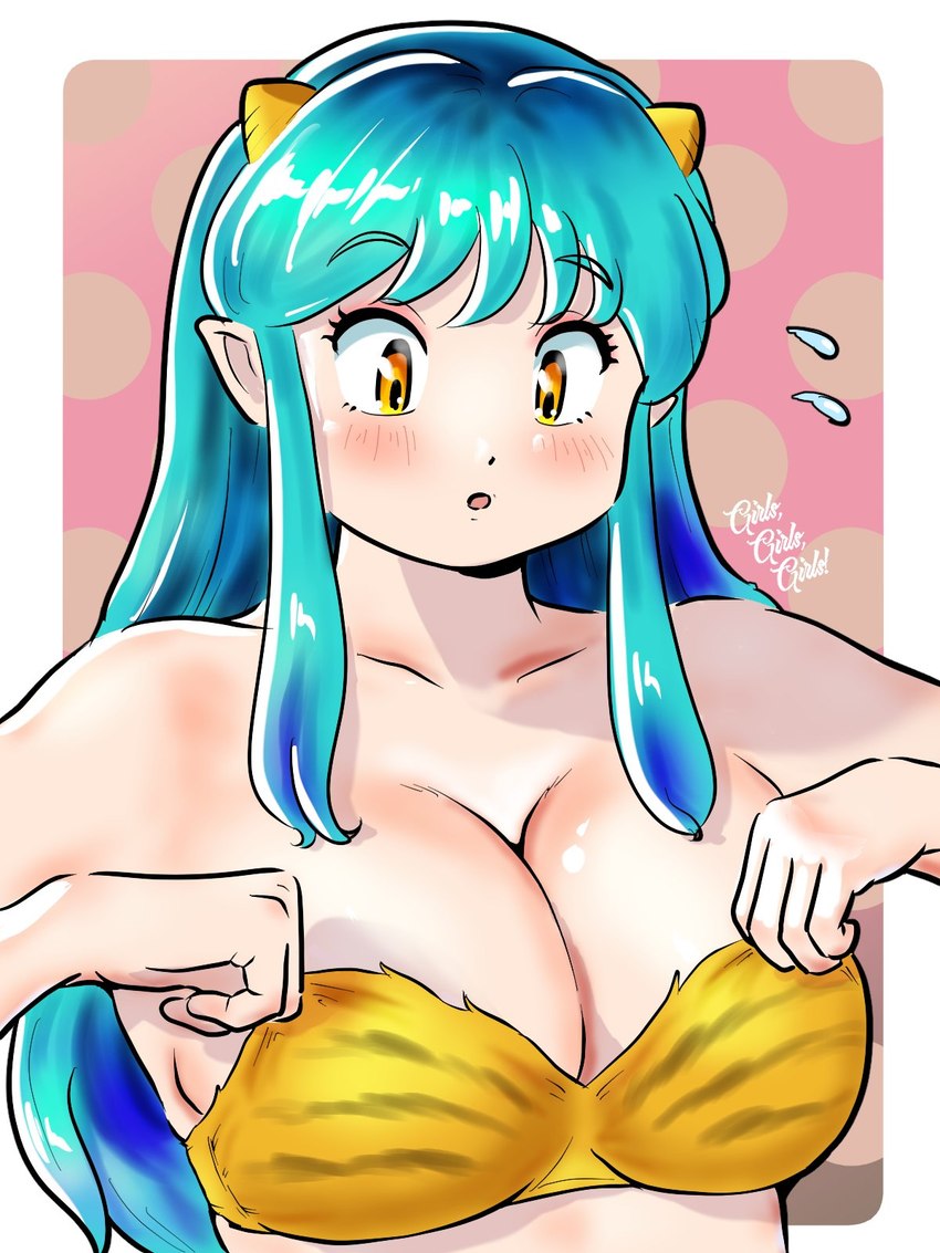 adjusting_bra animal_print big_breasts bikini blue_hair blush breasts cleavage clothed clothing cone_horns female hair horn long_hair not_furry solo swimwear tiger_print two-piece_swimsuit yellow_eyes kenken28937178 asian_mythology east_asian_mythology japanese_mythology mythology urusei_yatsura lum_(urusei_yatsura) demon humanoid oni yokai 3:4 hi_res