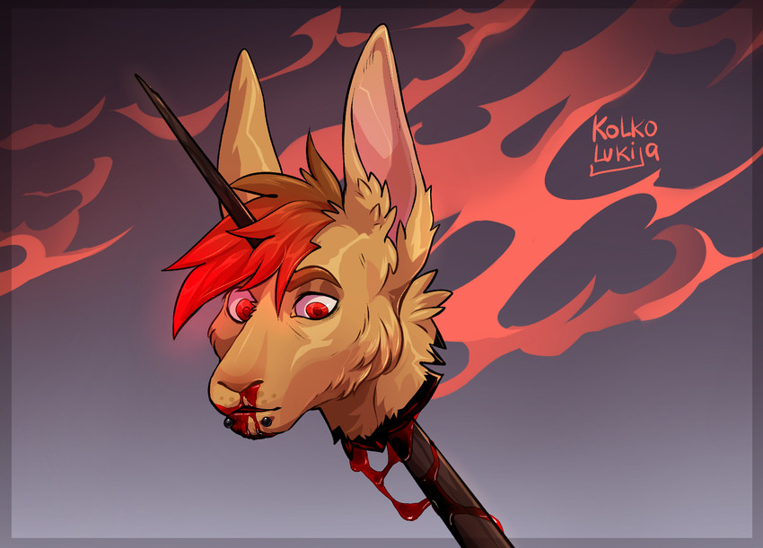 anthro blood bodily_fluids corpse death decapitation gore hair head_impalement head_on_stake impalement male piercing red_eyes red_hair severed_body_part severed_head simple_background sky solo kolkolukija lagomorph leporid mammal rabbit headshot_portrait hi_res portrait signature