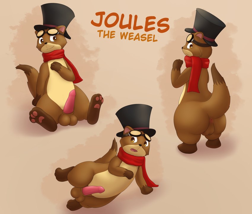 anthro balls brown_body brown_eyes brown_fur butt clothing eyewear eyewear_on_head fur genitals goggles goggles_on_head hat headgear headwear male male_anthro penis red_scarf scarf solo tapering_penis text top_hat galv3z_(artist) joules_(galv3z) mammal mustelid musteline stoat true_musteline weasel character_name hi_res