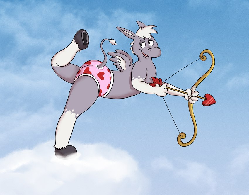 anthro barefoot blue_sky bow_(weapon) briefs briefs_only clothed clothing cloud colored_seam_underwear cupid's_arrow feet fur grey_body grey_fur hair heart_print_briefs heart_print_underwear heart_symbol hooves male markings pink_briefs pink_clothing pink_underwear ranged_weapon sky smile solo spots spotted_markings topless underwear underwear_only weapon white_clouds white_hair white_seam_briefs white_seam_underwear smallfryspy cupid dominic_byrne asinus donkey equid equine mammal hi_res