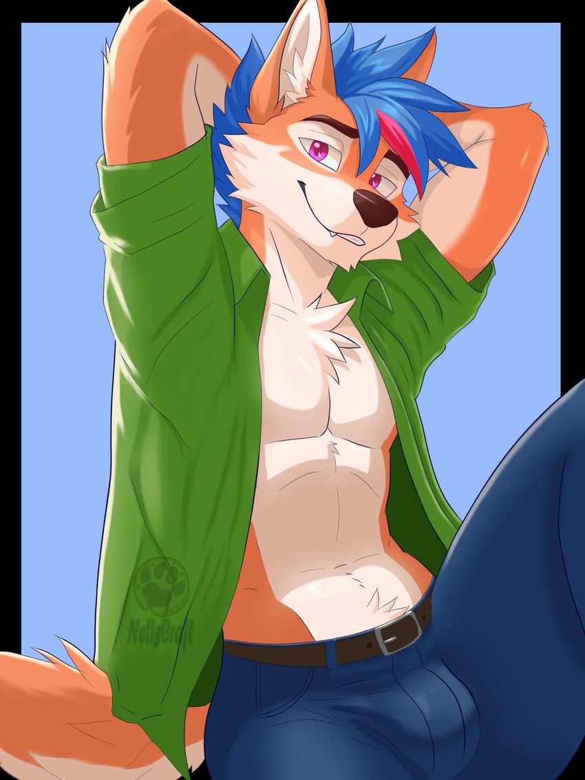 anthro belt blue_hair bottomwear bulge clothed clothing fur green_clothing green_shirt green_topwear hair male open_clothing open_shirt open_topwear orange_body orange_fur pants purple_eyes raised_arms shirt smile smirk snaggle_tooth solo tail topwear netiscraft canid canine canis mammal wolf 3:4 hi_res