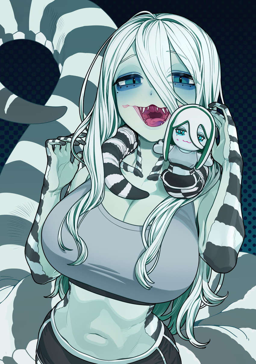 5_fingers abstract_background advertisement anthro apode big_breasts black_body black_bottomwear black_clothing black_scales black_shorts black_tail blue_eyes bottomwear bra breasts cleavage clothed clothed_female clothed_humanoid clothing collarbone dolphin_shorts eyebrow_through_hair eyebrows eyelashes female fingers grey_bra grey_clothing grey_sports_bra grey_underwear hair humanoid_hands legless long_hair markings midriff multicolored_body multicolored_bottomwear multicolored_clothing multicolored_hair multicolored_scales multicolored_shorts multicolored_tongue navel open_mouth open_smile pink_tongue plushie pupils purple_tongue scales serpentine sharp_teeth shorts slit_pupils smile solo split_form sports_bra striped_body striped_markings striped_scales striped_tail stripes tail tail_markings teal_hair teeth tongue translucent translucent_hair two_tone_body two_tone_bottomwear two_tone_clothing two_tone_hair two_tone_scales two_tone_shorts two_tone_tail two_tone_tongue underwear white_body white_bottomwear white_clothing white_eyebrows white_hair white_scales white_shorts white_skin white_tail sparrowl ivy_(sparrowl) animal_humanoid draconcopode humanoid lamia reptile reptile_humanoid scalie scalie_humanoid snake snake_humanoid 2026 absurd_res hi_res