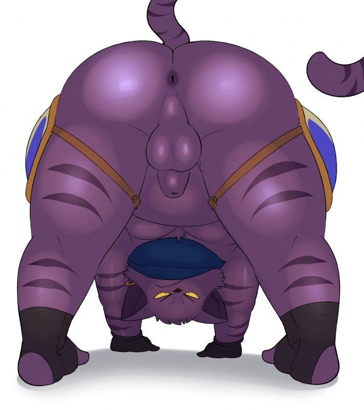 all_fours anthro anus armor backsack balls belly big_belly butt flaccid foreskin genitals looking_at_viewer looking_through looking_through_legs male mostly_nude naughty_face obese obese_anthro obese_male overweight overweight_anthro overweight_male penis perineum presenting purple_balls purple_perineum raised_tail rear_view simple_background solo tail unconvincing_armor white_background conditional_dnp erobos leliel domestic_cat felid feline felis mammal hi_res