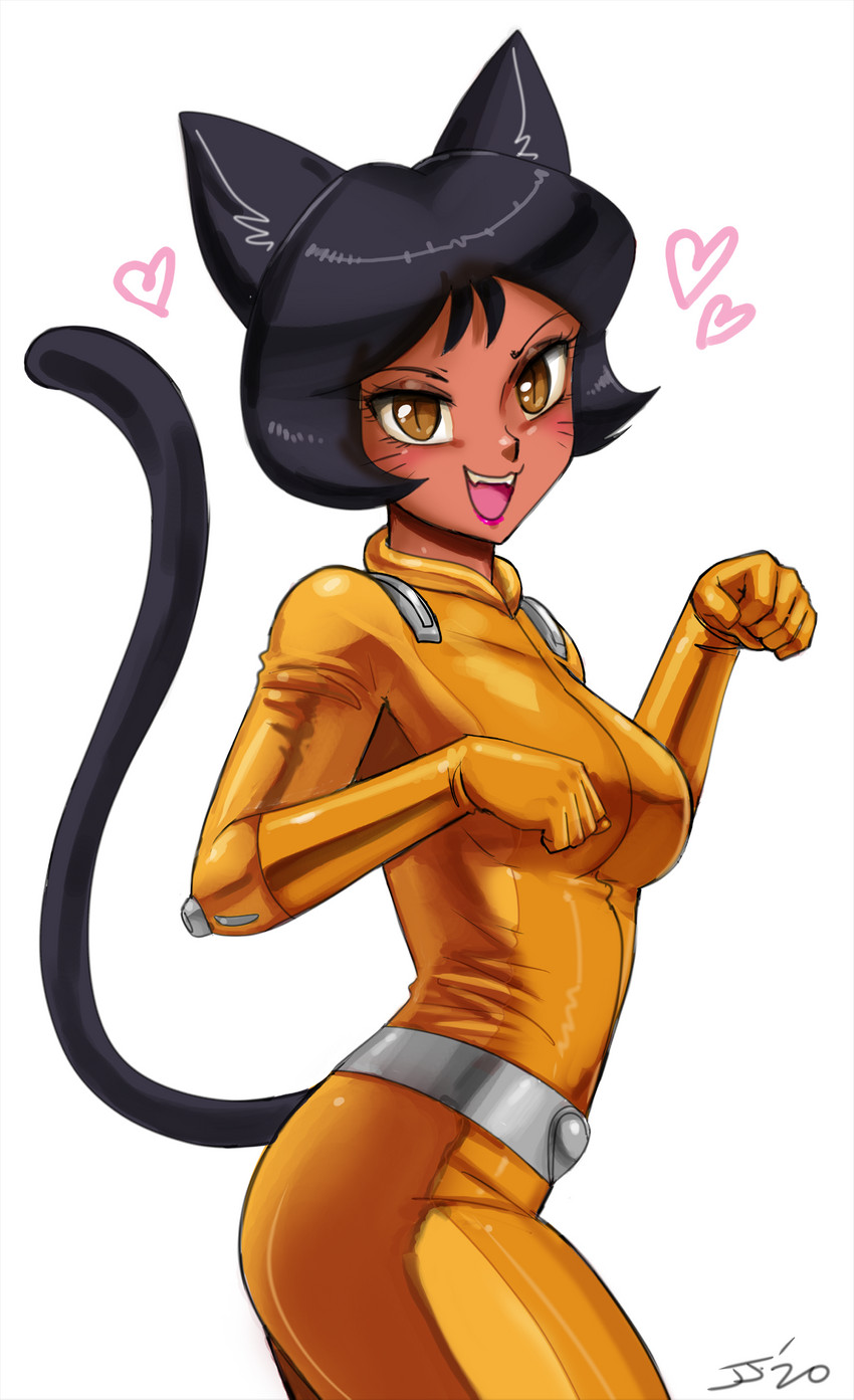 5_fingers alternate_species belt black_hair black_tail blush breasts brown_body brown_skin clothing female female_humanoid fingers hair heart_symbol humanoidized looking_at_viewer open_mouth pupils short_hair simple_background skinny slit_pupils smile solo tail tight_clothing whiskers white_background john_joseco totally_spies! alex_(totally_spies!) animal_humanoid cat_humanoid felid felid_humanoid feline feline_humanoid humanoid mammal mammal_humanoid 2020 digital_media_(artwork) hi_res shaded