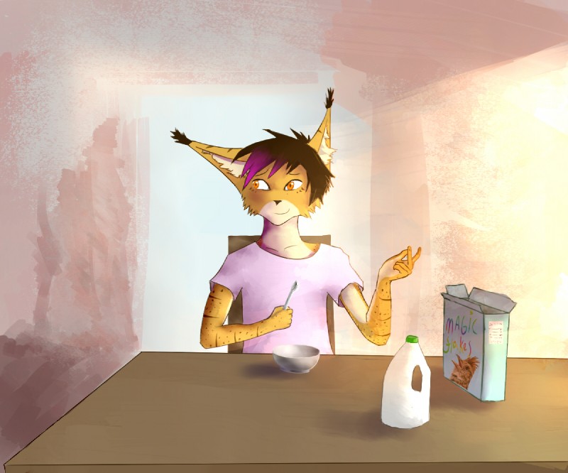 ambiguous_gender breakfast cereal clothed clothing food furniture gift milk shirt simple_background smile solo table topwear bruskit arlen_tawny domestic_cat felid feline felis lynx mammal 6:5