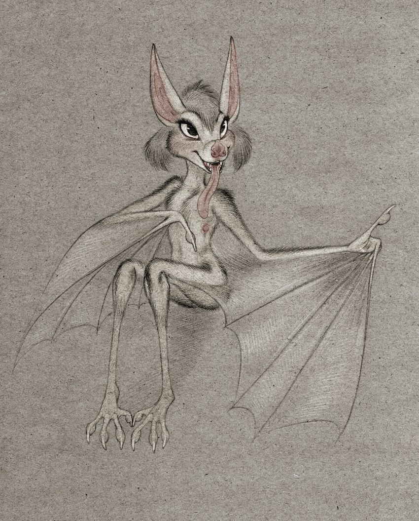 anthro bat_wings female fur hair long_tongue membrane_(anatomy) membranous_wings nipples solo tongue tongue_out winged_arms wings fuchs bat mammal absurd_res hi_res