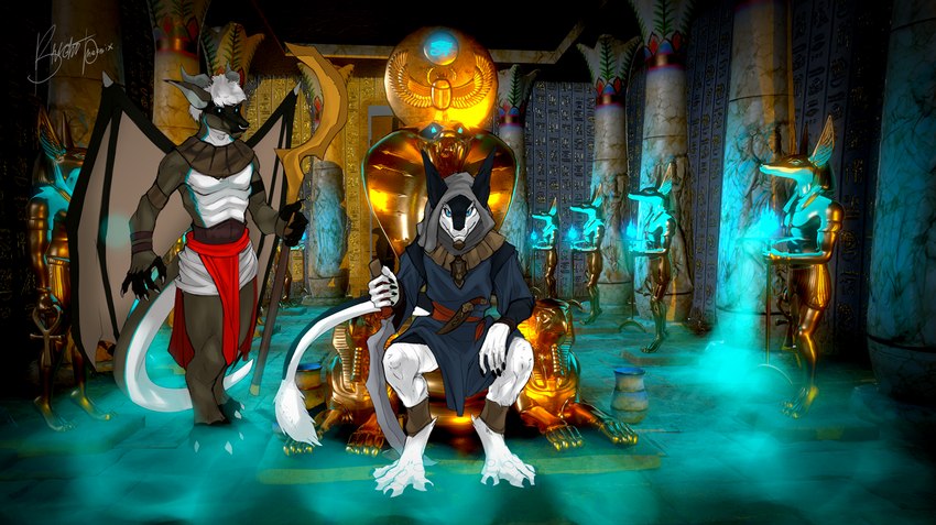 anthro armor bottomwear chair clothing duo egyptian furniture hair horn loincloth male melee_weapon sword tail throne weapon wings brightphoenix mythology ray_neon xargos dragon mythological_creature mythological_scalie scalie sergal