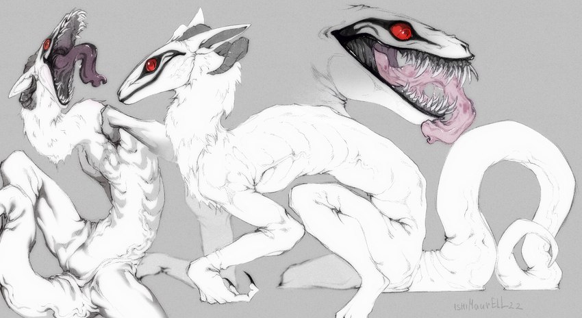 ambiguous_gender anthro black_claws black_lips claws curved_horn digitigrade fur grey_background grey_horn horn lips pupils red_eyes simple_background sitting slit_pupils solo tail teeth white_body white_fur white_skin ishimaurell monster synx 2022 hi_res multiple_images signature