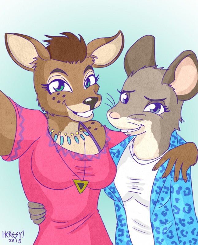 anthro breasts brown_hair clothed clothing duo eyebrows eyelashes female fur green_eyes grey_eyes hair jewelry necklace selfie simple_background heresy_(artist) bojack_horseman netflix mia_mckibben penny_carson deer mammal mouse murid murine rodent digital_media_(artwork)