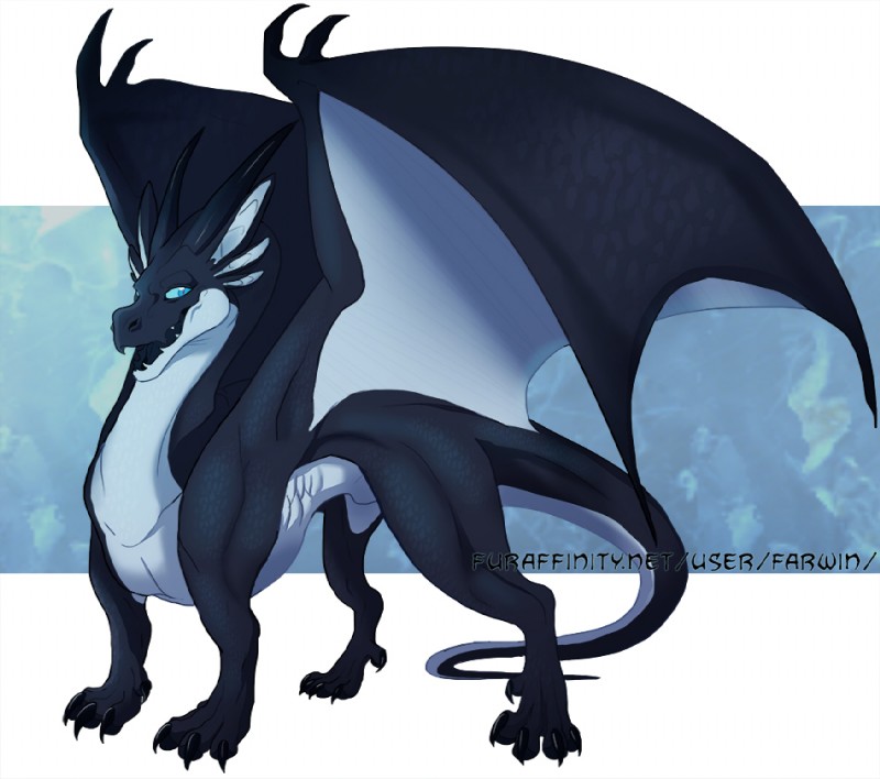 black_horn blue_background blue_eyes claws digitigrade feral horn male membrane_(anatomy) membranous_wings pose simple_background smile solo tail white_background wings farwin mythology tavix dragon mythological_creature mythological_scalie scalie