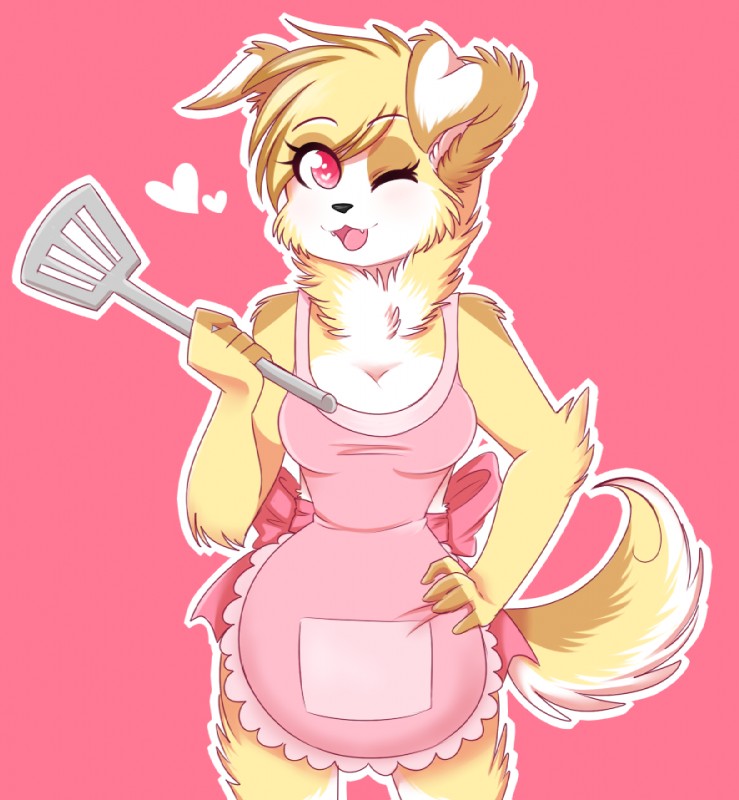 anthro apron biped black_nose blonde_hair breasts clothed clothing fangs female fluffy fluffy_tail fur hair hairy heart_symbol kitchen looking_at_viewer one_eye_closed open_mouth pink_background red_eyes simple_background slim smile solo standing tail teeth tongue white_body white_fur wink yellow_body yellow_fur turntechno canid canine canis domestic_dog mammal