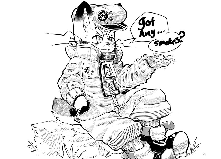 bottomwear clothing dialogue footwear hand_in_pocket hat headgear headwear jacket male pants pawpads paws pockets shoes sitting solo speech_bubble text topwear zipper kroenasneko domestic_cat felid feline felis mammal absurd_res english_text hi_res monochrome