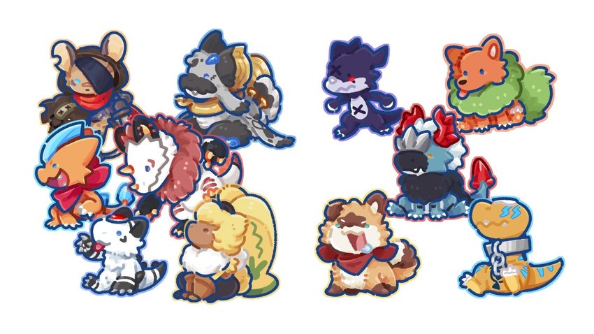 anthro blep brown_body brown_fur chibi feral fluffy_chest fur grey_body grey_fur group kemono long_ears male ponytail_ears sitting tongue tongue_out white_body white_fur yellow_body yellow_fur badmuffinhea bandai_namco digimon digimon_(species) dorumon lagomorph leporid mammal rabbit symbareangoramon veemon x-digimon