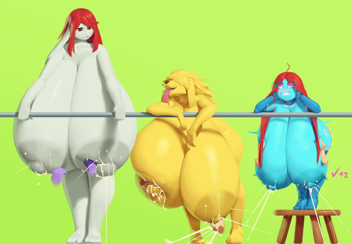 5_fingers anthro areola big_areola big_breasts big_nipples biped blonde_hair blue_body blush bodily_fluids breast_milking breast_squeeze breasts disembodied_hand eye_through_hair eyebrows eyelashes fangs feet female fingers floppy_ears front_view furniture green_background group hair hand_on_breast hanging_breasts huge_areola huge_breasts huge_nipples hyper hyper_breasts lactating long_hair looking_at_another lop_ears machine monotone_body nipples nude nude_female obscured_eyes open_mouth pink_eyes red_eyes red_hair sagging_breasts shortstack simple_background snout squeezing standing stool teeth text tongue tongue_out toothy_grin translucent translucent_hair white_body white_ears yellow_body dibujosv12 3v4 canid canine canis domestic_dog humanoid lagomorph leporid mammal rabbit robot robot_humanoid 2025 absurd_res artist_name digital_drawing_(artwork) digital_media_(artwork) hi_res