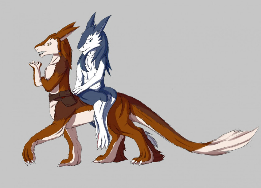 4_fingers 4_toes ambiguous_gender anthro blue_body blue_eyes blue_fur brown_body brown_fur duo feet fingers fur grey_background nude orange_body orange_fur riding sad simple_background tail tail_tuft toes tuft white_body white_fur yellow_eyes zarakon sergal sergal_taur taur 2018