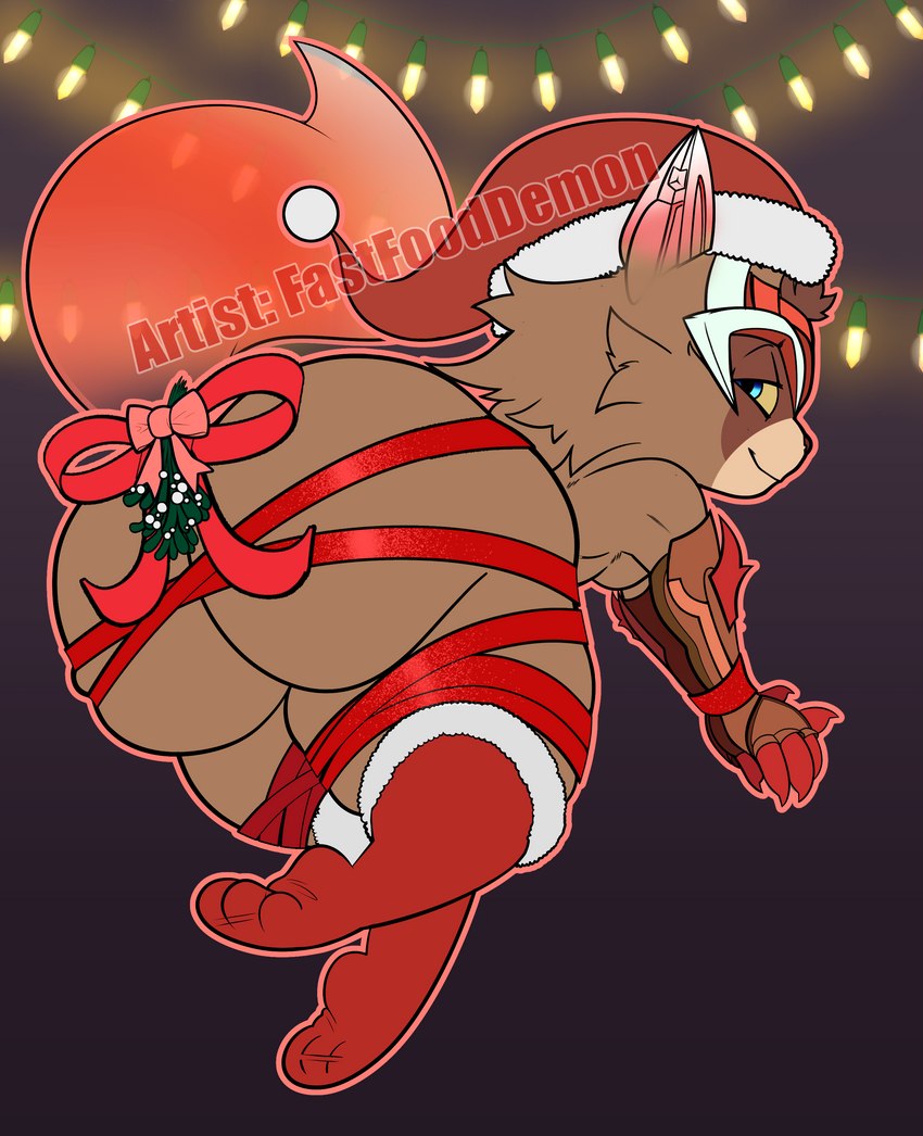 anthro butt clothing legwear male mistletoe plant ribbons short_stack solo stockings fastfooddemon league_of_legends riot_games tencent kennen_(lol) yordle absurd_res hi_res