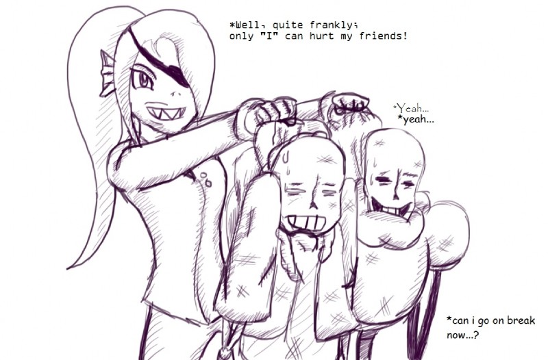 anthro beat_up bodily_fluids bone eye_patch eyewear group skeleton smile smirk sweat text animextremex undertale undertale_(series) papyrus_(undertale) sans_(undertale) undyne animated_skeleton fish marine undead english_text