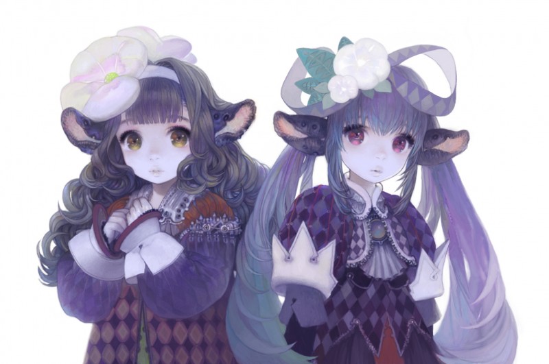 alternative_fashion brown_eyes brown_hair classic_lolita clothing curly_hair duo female flower hair j-fashion lolita_(fashion) multicolored_clothing plant purple_eyes purple_hair purple_sclera ribbons simple_background white_background white_body white_flower young oimo animal_humanoid humanoid hi_res