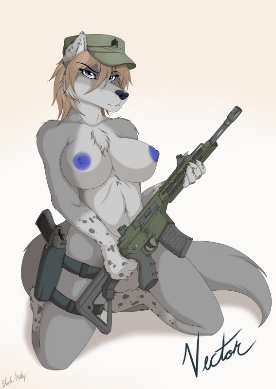 anthro ar-15 assault_rifle ball balls big_breasts biped blonde_hair blue_nipples blue_nose breasts chest_tuft clothing eye_through_hair eyebrow_through_hair eyebrows fur genitals gradient_background grey_body grey_fur gun gynomorph hair handgun hat headgear headwear holster intersex kneeling m4 military mostly_nude mostly_nude_anthro mostly_nude_gynomorph mostly_nude_intersex navel nipples pistol pose purple_eyes ranged_weapon rifle short_hair simple_background smile smirk solo spots translucent translucent_hair tuft weapon black-husky vector_(vectorviewer) canid canine canis mammal wolf 2015 absurd_res full-length_portrait hi_res pinup portrait signature watermark