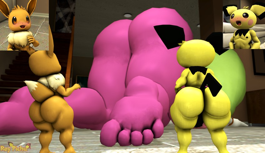 5_toes anthro bent_over big_butt blush body_size_growth butt feet female group humanoid_feet macro male plantigrade size_difference size_transformation toes transformation trio dr.ivopingasnik roythepichu nintendo pokemon renae_(taomaiko) eevee generation_1_pokemon generation_2_pokemon generation_7_pokemon humanoid pichu pokemon_(species) steenee 3d_(artwork) digital_media_(artwork) hi_res