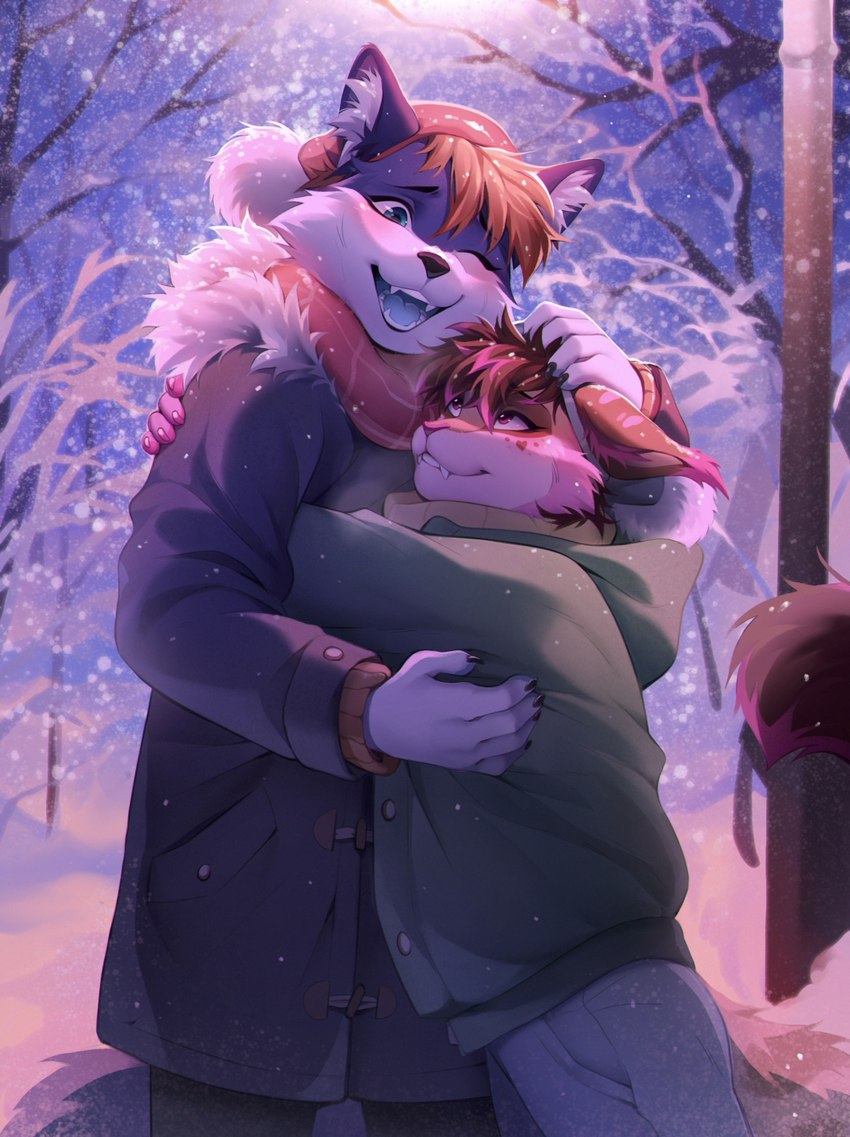 5_fingers anthro anthro_on_anthro claws clothed clothing duo fingers fur fur_tuft hair inner_ear_fluff interspecies male male/male open_mouth open_smile plant romantic romantic_couple smile snow tree tuft winter winter_coat coff fumiko affax justzen canid canine mammal 2022 artist_collaboration hi_res