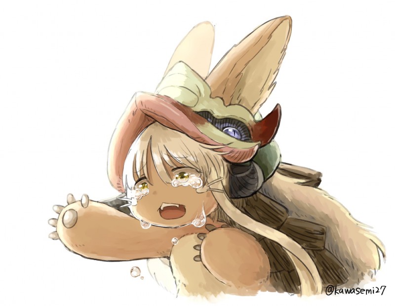 bodily_fluids clothing crying hair headgear headwear kemono long_hair open_mouth simple_background solo tears whiskers white_background white_hair yellow_eyes kawasemi27 made_in_abyss nanachi narehate hi_res