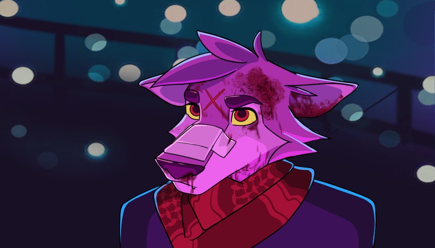 anthro blood bodily_fluids clothing ears_down fur futuristic jacket kerchief lonely male pivoted_ears railing scarf shemagh solo standing topwear aceshellshocked blade_runner_2049 fan_character canid canine canis mammal wolf portrait