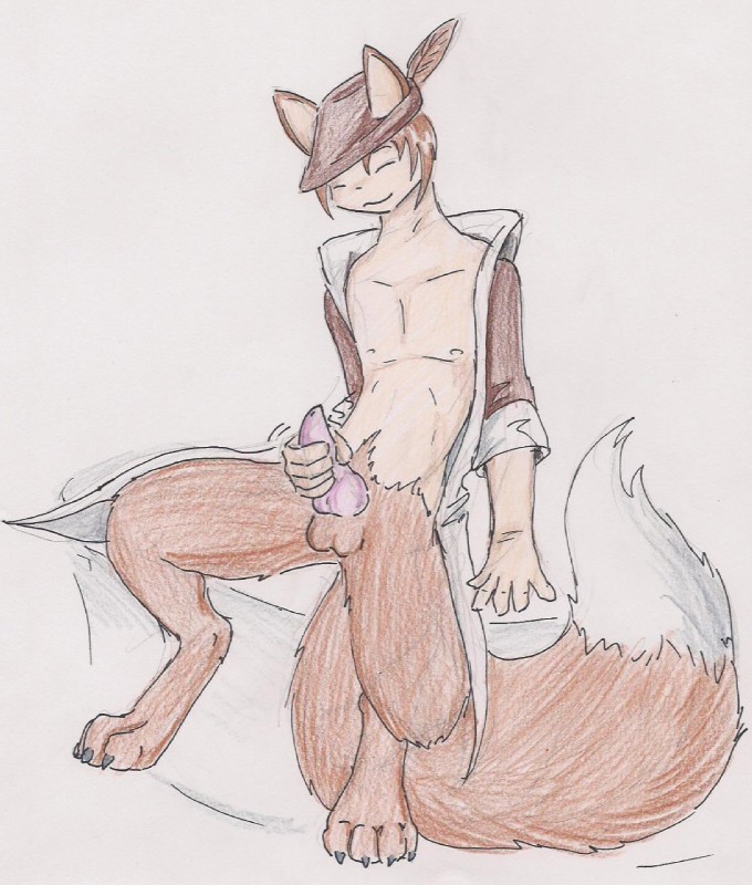 anthro balls clothed clothing dipstick_tail erection fedora genitals hat headgear headwear male markings masturbation partially_clothed penile penile_masturbation penis robe simple_background solo tail tail_markings white_background yilia_the_pale_wolf_(artist) the_legend_of_korah angelis snow_taradien canid canine fox mammal hi_res