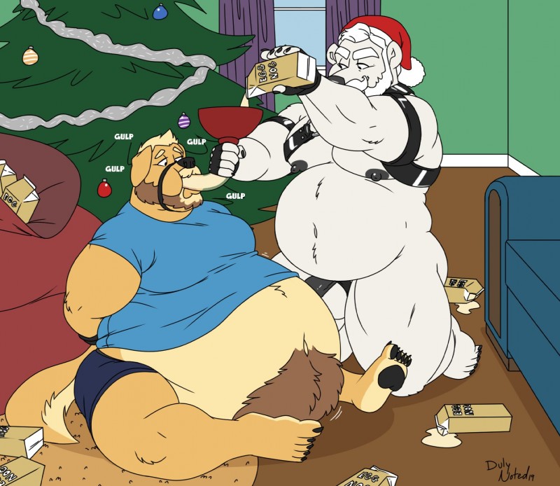 anthro anthro_on_anthro balls beard belly_overhang beverage_carton black_penis carton christmas_clothing christmas_headwear christmas_tree clothed clothing container dominant dominant_male duo eggnog eggnog_carton facial_hair feeder force_feeding forced fully_clothed funnel funnel_gag gag genitals hair harness harness_ring hat headgear headwear holding_carton holding_container holding_object holidays humanoid_genitalia humanoid_penis inflation kneeling leather_daddy male male/male motion_lines motion_outline muscular muscular_male mustache navel nipples nude o-ring obese onomatopoeia overweight pecs penis plant repeated_text restrained ring_(hardware) santa_hat sound_effects submissive submissive_male text tree weight_gain white_hair duly_noted christmas duly_(character) bear canid canine canis domestic_dog mammal 2019 flat_colors hi_res