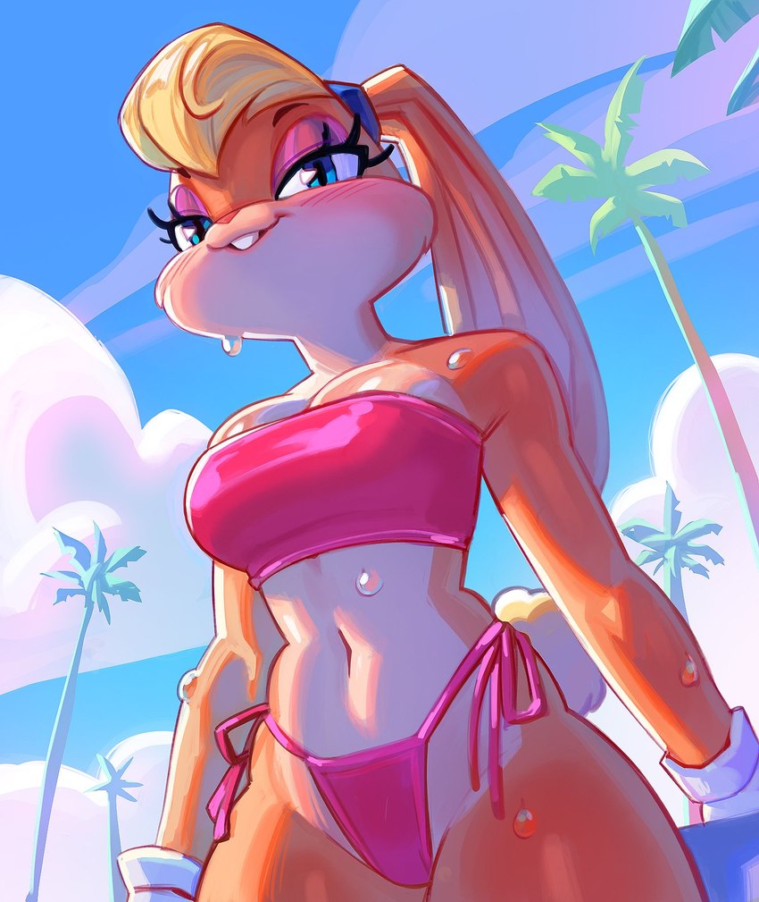 accessory anthro bikini bikini_bottom blonde_hair blue_eyes bodily_fluids buckteeth clothing cloud countershade_face countershade_torso countershading female fur gloves hair hair_accessory hair_tie handwear long_ears looking_at_viewer low-angle_view navel orange_body orange_fur palm_tree pink_bikini pink_clothing pink_nose pink_swimwear pink_topwear plant ponytail_ears side-tie_bikini side-tie_clothing side-tie_swimwear sky smile solo strapless_bikini strapless_clothing strapless_swimwear string_bikini sweat swimwear teeth topwear tree tube_top two-piece_swimsuit white_clothing white_gloves white_handwear niloc_drewney looney_tunes warner_brothers lola_bunny lagomorph leporid mammal rabbit hi_res