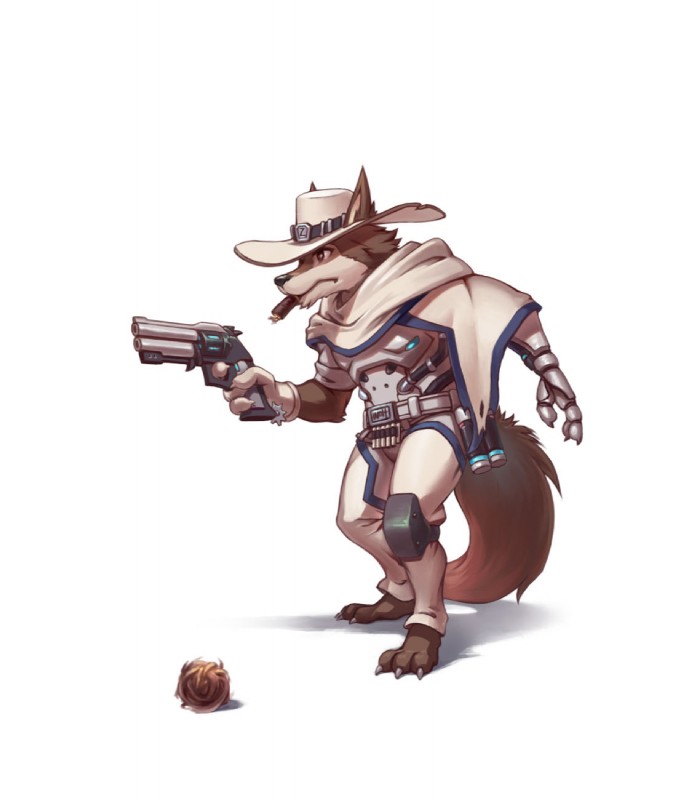 anthro barefoot biped brown_body brown_fur cigar clothed clothing cosplay crossover_cosplay feet fully_clothed fur gun handgun hat headgear headwear holding_gun holding_object holding_ranged_weapon holding_weapon ranged_weapon revolver simple_background solo weapon white_background bei_ju_luoxuan_wan blizzard_entertainment disney overwatch zootopia cole_cassidy officer_wolfard canid canine canis mammal wolf 2017 crossover hi_res