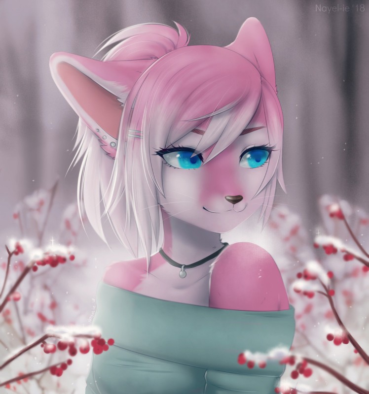 anthro black_nose blue_eyes clothed clothing detailed_background ear_piercing female fur hair piercing pink_body pink_fur pink_hair smile solo whiskers nayel-ie domestic_cat felid feline felis mammal 2018 digital_media_(artwork) hi_res