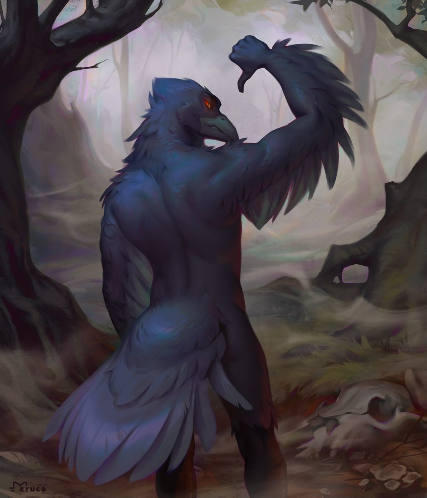 anthro beak black_body black_feathers bone day detailed_background feathers forest looking_at_viewer looking_back looking_back_at_viewer male muscular muscular_male outside plant red_eyes skull solo standing swamp tree eruca enlas avian bird corvid oscine passerine 2022 digital_media_(artwork) digital_painting_(artwork) hi_res