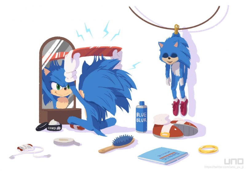 anthro blue_body blue_fur book brush clothing comb_(brush) costume electricity footwear fur fursuit gloves green_eyes hairbrush handwear humor male mirror ring_(sonic) shoes simple_background sitting smile solo white_background uno_yuuji sega sonic_the_hedgehog_(film) sonic_the_hedgehog_(series) sonic_the_hedgehog ugly_sonic eulipotyphlan hedgehog mammal hi_res