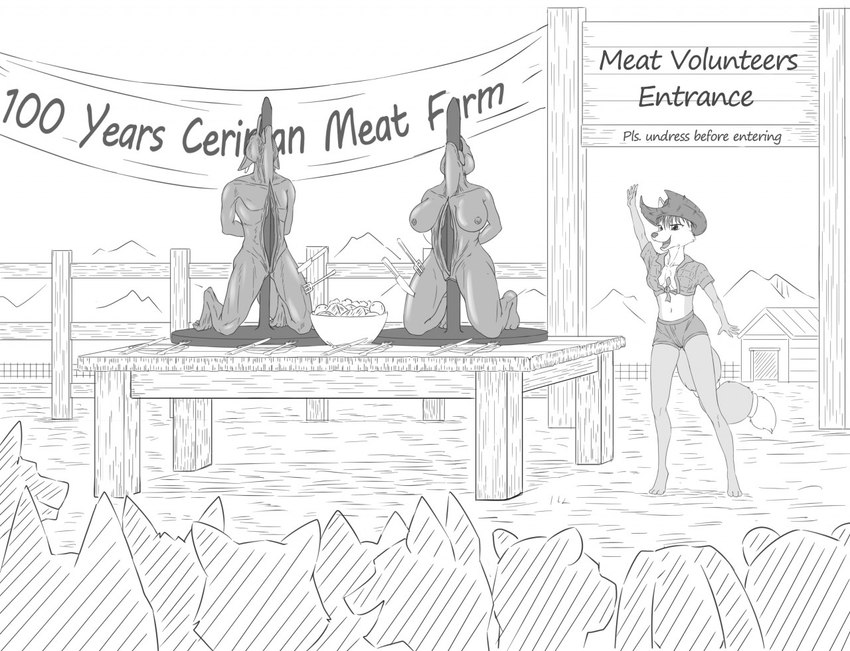 anthro barn body_on_stake bottomwear breasts cannibalism clothing cooking_with_furs cooking_with_scalies corpse cowboy_hat crowd death feast female female_death fence food fully_impaled furniture gesture gore group hair hand_behind_back hat headgear headwear horn impalement kitchen_utensils kneeling male male_death midriff mountain nipples nude outside penetration plate rib_cage roasted salad shirt short_hair shorts sign spitted table tail text tied_shirt tongue tongue_out tools topwear vaginal vaginal_penetration waving dipingxiangtr.d nintendo star_fox krystal_(star_fox) razor_(thefoxofskyrim) bear canid canine fox giant_panda hybrid lizard mammal reptile scalie english_text monochrome