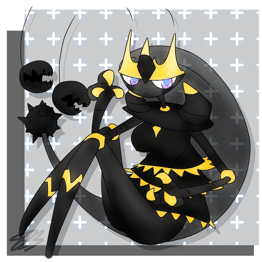 antennae_(anatomy) big_breasts black_body black_hair breasts claws crown female finger_claws frown fusion hair headgear looking_at_viewer not_furry pokemon_fusion purple_eyes solo spiked_tail spikes spikes_(anatomy) tail tiara friita nintendo pokemon arthropod generation_7_pokemon guzzlord humanoid hybrid pheromosa pokemon_(species) ultra_beast 1:1 absurd_res hi_res signature