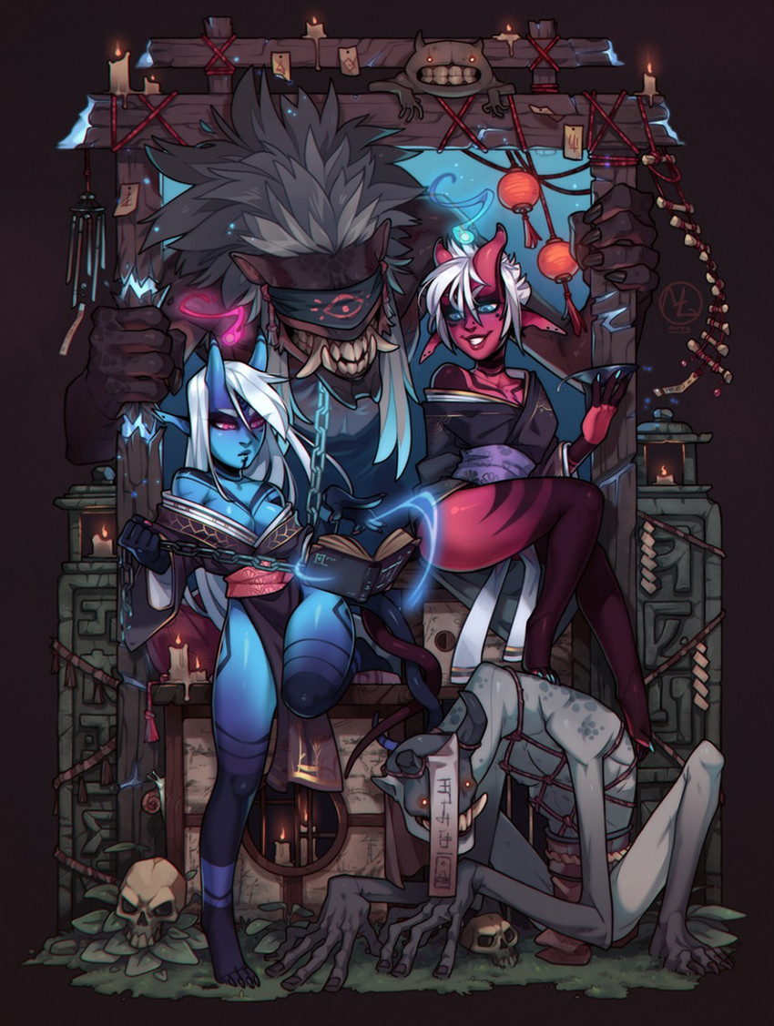 5_fingers biped blue_body blue_skin bone breasts clothed clothing female fingers fur group hair horn male plant red_body red_skin shrine sitting skull smile standing teeth maaty-s demon humanoid monster hi_res