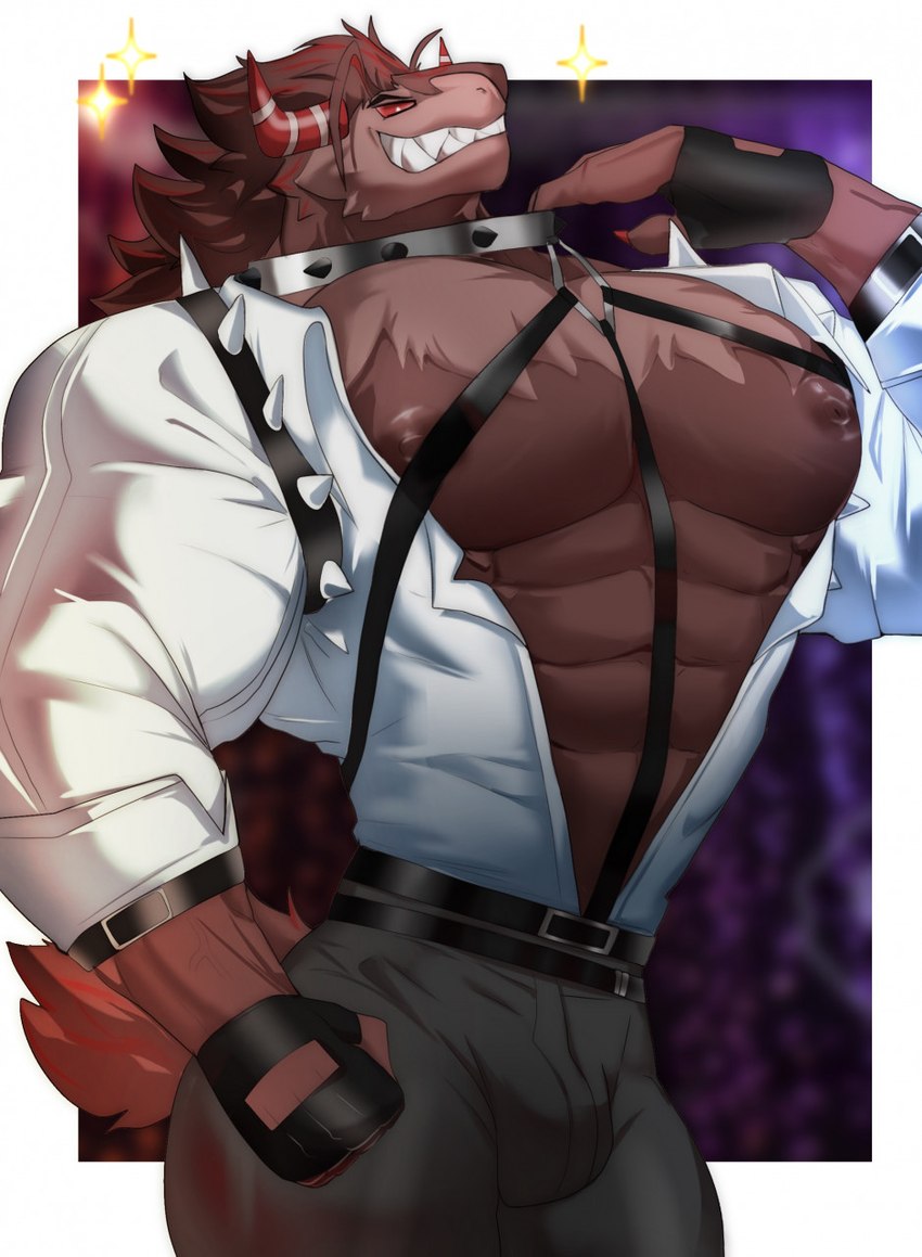 abs anthro belt big_pecs bottomwear brown_body brown_fur bulge chest_tuft clothed clothing collar fingerless_gloves food fur gloves grin handwear harness horn male muscular muscular_anthro muscular_male nipples open_clothing open_shirt open_topwear pants pecs red_eyes sharp_teeth shirt smile solo sparkles spiked_collar spikes teeth topwear tuft magangz cookie_run cookie_run_kingdom devsisters schwarzwalder canid canine canis food_creature mammal wolf hi_res